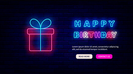 Happy Birthday neon promotion. Pink gift box with bow. Website template. Night bright flyer. Vector stock illustration