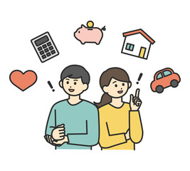 若い男性と女性が将来のお金について考えているイラスト素材