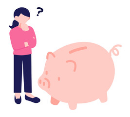 若い女性が豚の貯金箱を眺めているイラスト素材