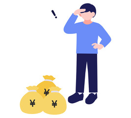 若い男性がお金の袋を眺めているイラスト素材