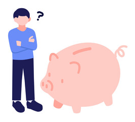 若い男性が豚の貯金箱を眺めているイラスト素材