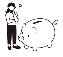 若い女性が豚の貯金箱を眺めているイラスト素材