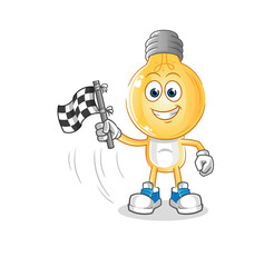 light bulb head cartoon hold finish flag. cartoon mascot vector