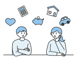 若い男性と女性が将来のお金について考えているイラスト素材