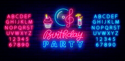 Birthday party neon sign. Shiny blue and pink alphabet. Greeting card template. Vector stock illustration