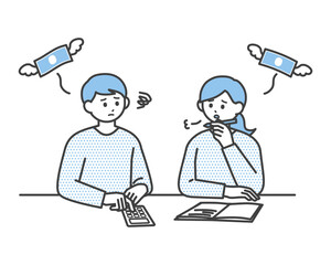 若い男性と女性が将来のお金について考えているイラスト素材