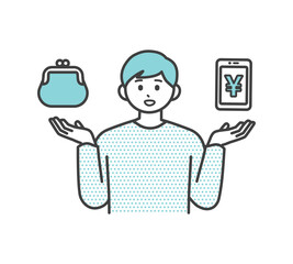 若い男性がスマホ決済と現金で決済方法を比べるイラスト素材