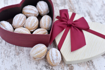 Fototapeta na wymiar Valentine's Day. Nuts with condensed milk in a box