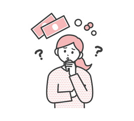 若い女性が現金について考えるイラスト素材