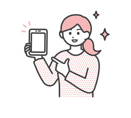 若い女性がスマートフォンに指を刺しているイラスト素材