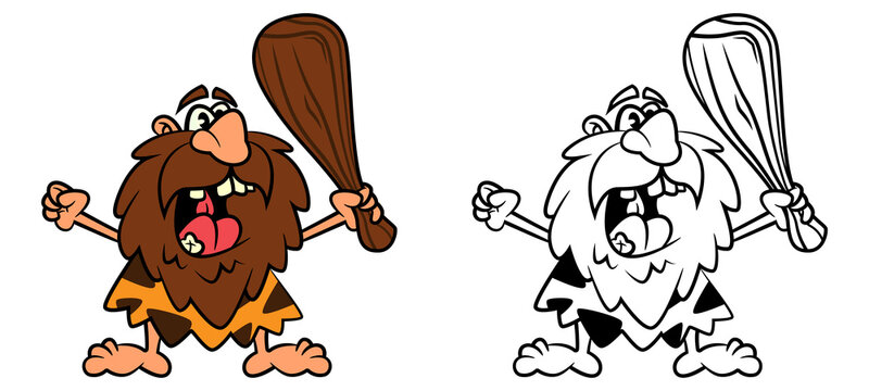 Cartoon illustration of Angry caveman carrying a wooden bat, best for mascot, logo, sticker, and coloring book with prehistoric themes