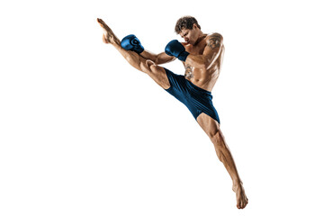 Full size of athlete boxer who exercises thai boxing art on white background. Blue sportswear.