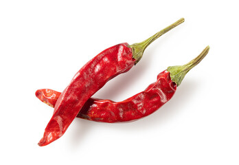 Dried chili peppers on a white background.