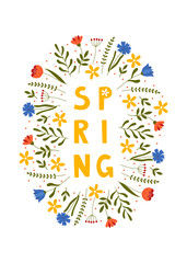 Hand drawn spring lettering text with flowers. Lettering spring season for greeting card, invitation template, poster and banner.