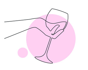 Continuous line drawing of female hand holding a wine glass. Vector illustration for web, poster,  pub menu.