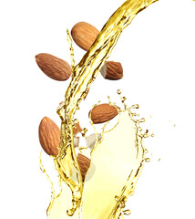 Organic almond oil and tasty nuts flying on white background