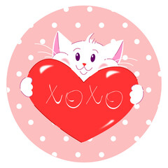 White cute cat with heart with lettering xoxo.  Vector illustration. Idea for St. Valentine's day decoration. 