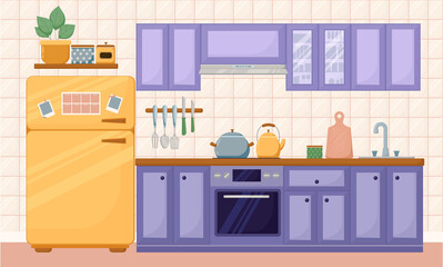 Kitchen furniture in flat style. Cozy kitchen interior with stove, refrigerator, hanging cabinets and shelves, cabinets and hood. Vector illustration in flat style, kitchen design.