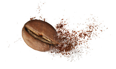 Aromatic ground coffee and bean falling on white background