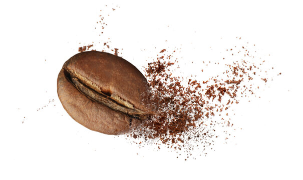 Aromatic Ground Coffee And Bean Falling On White Background