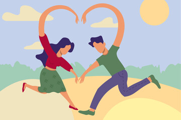 Valentines day greeting card with dancing couple on landscape background