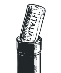 Close-up of a opened cork on a wine bottle. Vector engraving illustration.
