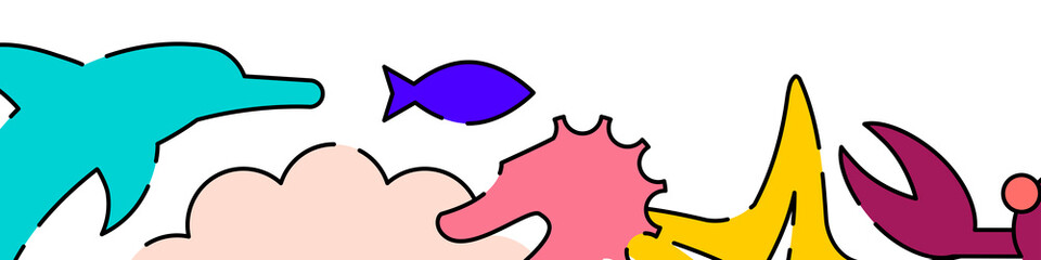 Underwater world related horizontal banner or bottom border template background. Flat filled line vector illustration isolated on white.