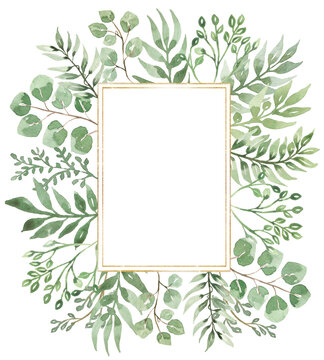 Watercolor hand drawn Greenery Wreath Clipart, Green Florals Leaves Border Illustration, Foliage branch and golden frame, Wedding Invitation
