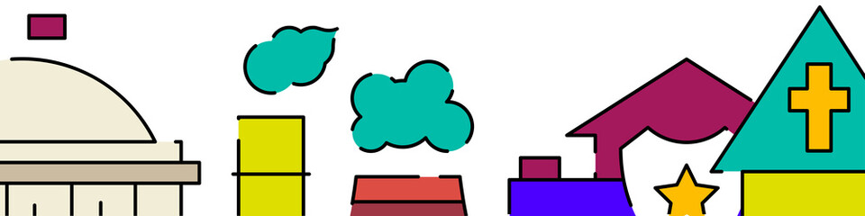 Cityscape, government building, CHP, police, church related horizontal banner or bottom border template background. Flat filled line vector illustration isolated on white.