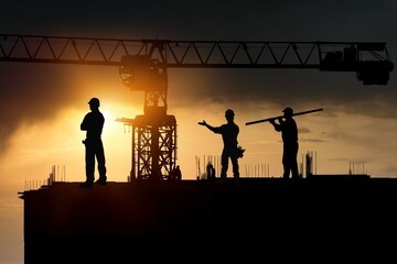 Fototapeta na wymiar Silhouette of Engineer and worker on building construction site at sunset in evening time.
