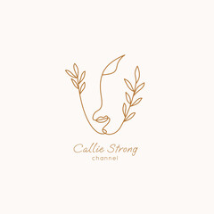 Abstract line face, woman head with leaves. Logo, emblem template. Modern art, vector design.