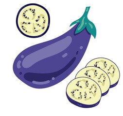 Sliced ​​eggplant in flat style. Bright healthy vegetable