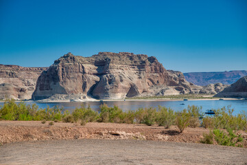 Wahweap Bay and mountains along Colorado River, Arizona.