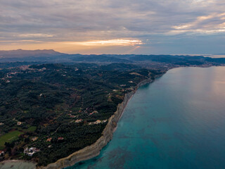 Beautiful panoramic aerial view over Corfu island of Greece in sunset time
