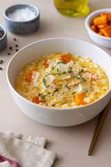 Risotto with pumpkin, cheese and thyme. Vegetarian food. Healthy eating.