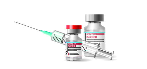 Vaccine against coronavirus COVID-19. Flat vector illustration of vaccine vials and syringe. Treatment of coronavirus covid-19 with an injection. Vaccination against virus, infection. 