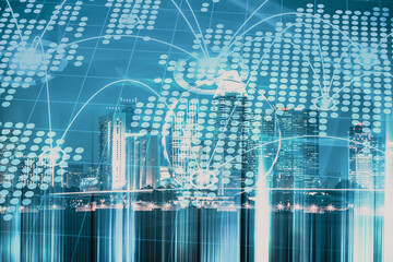 connection lines and skyscrapers in background global network concept