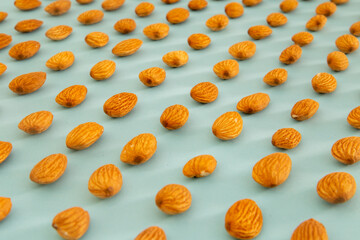 Almonds isolated. Walnuts on green background. Brazilian nuts Almond. Arranged on a light green background. Macro. Copy space