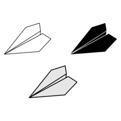 Set of three types vector illustrations of paper plane icons. Outline simple, silhouette and color craft paper airplane isolated on white background. Icon symbol of travel and route.