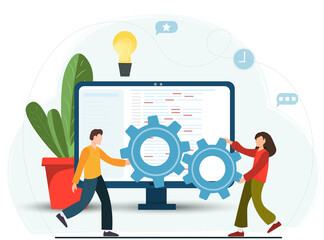 Tiny happy man and woman generating ideas and holding gears, teamwork concept, idea management, flat vector illustration