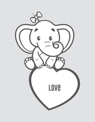 Vector line cartoon sweet elephant sitting on a heart. Isolated on gray background.