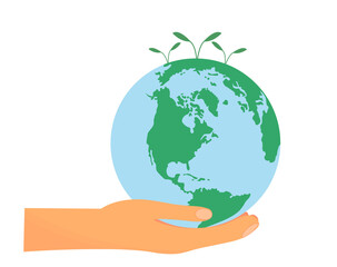 Banner with hand holding the globe of Earth, Earth Day concept, ecology concept, environment protection concept, flat vector illustration