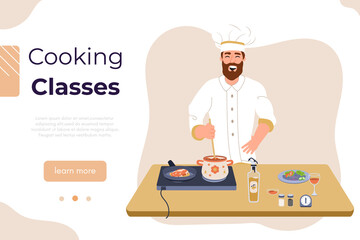 Cooking class vector banner. Culinary school, workshop or blog backdrop. People cooking at kitchen. Man at kitchen showing how to cook. Happy, cheerful people cooking