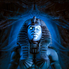 Cyborg pharaoh queen - 3D illustration of dark futuristic female Egyptian pharaoh robot with glowing eyes inside alien temple - 484199632