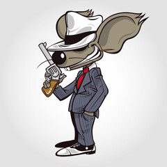 Gangster mouse holding his gun with the other hand in his pocket. Mouse dressed as an old school gangster with a fedora hat and a striped suit.