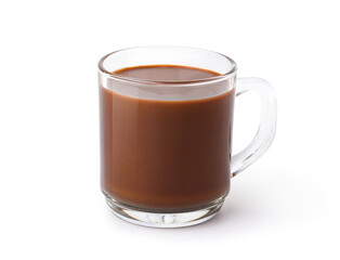 Hot chocolate drink in glass mug isolated on white background. Clipping path.