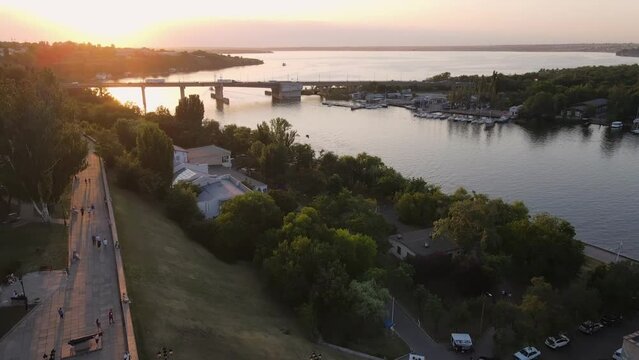 City peninsula over the river in Ukraine, Nikolaev. From a bird's eye view from a drone. River port, Mykolaiv, Mykolaiv Oblast, Ukraine