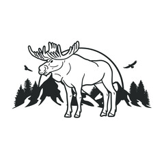 Moose Scene Illustration Clip Art Design Shape. Mountain Outdoors Silhouette Icon Vector.