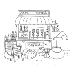 Cute autumn magic shop with pot, potion, owl  and pumpkin. Hand drawn coloring page.