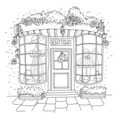 Cute summer and spring dress shop or boutique with flowers, leaves, doors  and windows. Hand drawn coloring page.